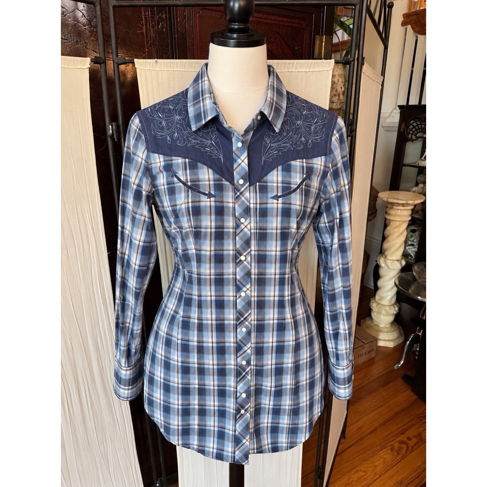 Purgatory Star Women's L Blue Plaid Western Shirt Embroidered Pearl Snap Cowgirl